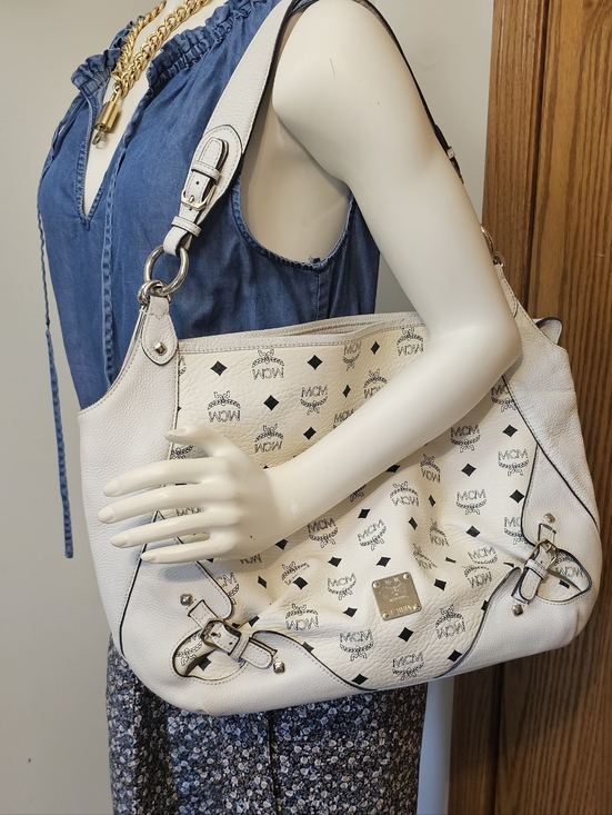 MCM Handbags - MCM White Visetos Hobo Shoulder Bag